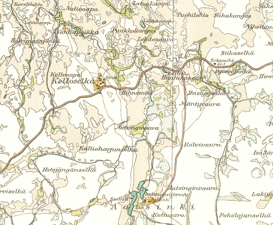 Aatsinki ja Kelloselkä Suomen Taloudellisessa kartassa vuodelta 1927. Kartalla esiintyvä "Vanhapaikka" on Hannu Matinpojan 1770-luvulla perustama asuinpaikka Kellokummussa.